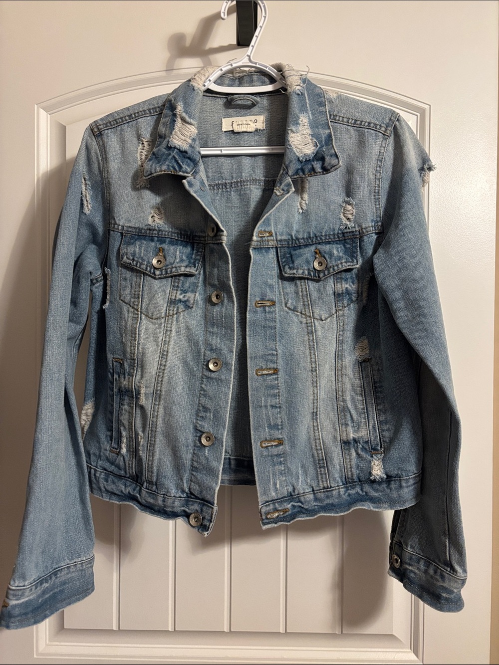 Ci Sono Faded Light Blue Distressed Denim Jacket